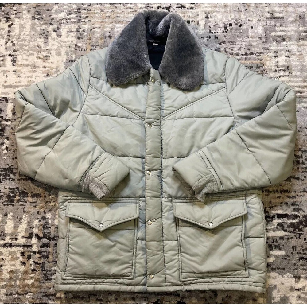 Men’s Vintage Golden Fleece Gray Insulated Gray Jacket Coat, Faux Fur Collar, ML